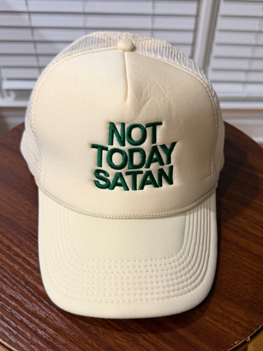 Cream Trucker Hat with Green "Not Today Satan" Embroidery